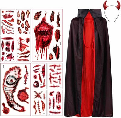Dubbelzijdige Halloween Cape in Zwart en Rood van 90 cm met Duivels Hoorns en 10 Schram Tattoo Stickers voor Vampier Cosplay Kostuum