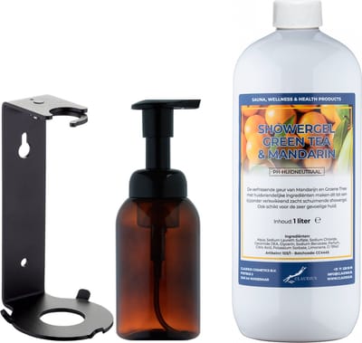 Zeepdispenser 300 ml amber bruin hervulbaar + 1 liter Showergel Green Tea & Mandarin navulling (inclusief beugel)
