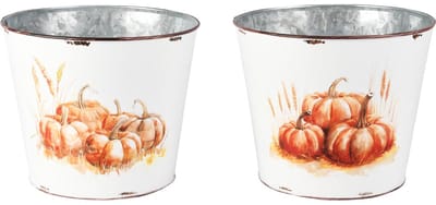 Dekoratief | Bloempot rond m/paddenstoelen, wit, metaal, 18x18x16cm, set van 2 stuks | A255959