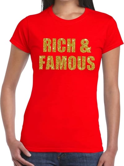 Rich and Famous gouden glitter tekst t-shirt rood dames - dames shirt Rich and Famous XS