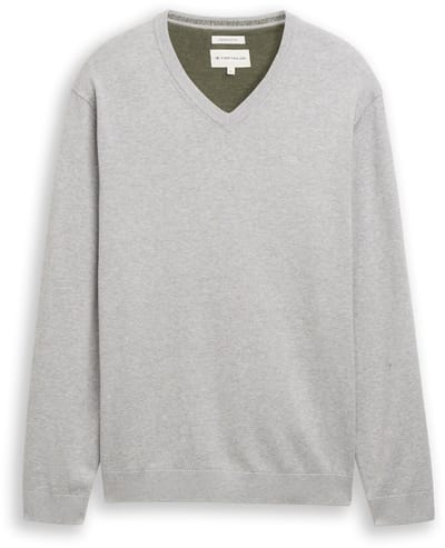 Tom Tailor - Gebreide trui met V-hals van katoen - Maat XXL - Light Soft Grey Melange