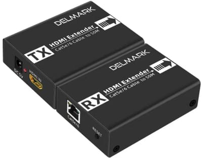 Delmark HDMI Extender 50 Meter via UTP Netwerkkabel – 1080P Full HD & 3D – HDMI Verlenger Set (Transmitter + Receiver) – Met HDMI Loop-Out – Metalen Behuizing