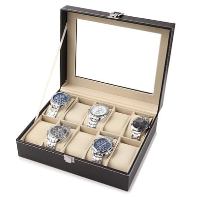 Dailygoods- Horloge Opbergdoos - 10 Sleuven - Lederen Buitenkant - Zachte Fluwelen Binnenkant - Bescherming tegen Stof en Krassen - Duidelijk Doorkijkje - Horlogekast