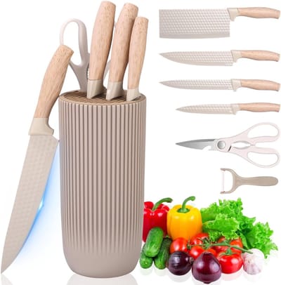 Messenset met Blok - Messensets met Messenblok - Koksmes - Keukenmessen Set - Super Scherp - Beige