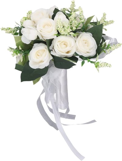 Bruidsboeket - Kunstbloemen Boeket - Bruiloft Decoratie - Handgemaakt Satijnlint - 21 x 22 x 26 cm - Melkwit