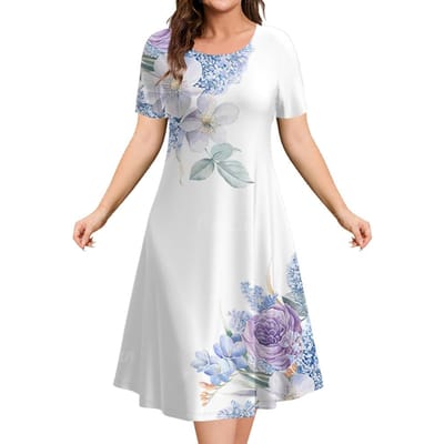 Zomer Jurken voor Dames Bloemen Elementen Print Reis Feest Jurken Elegante Casual Losse Jurken met Korte Mouwen 6XL white