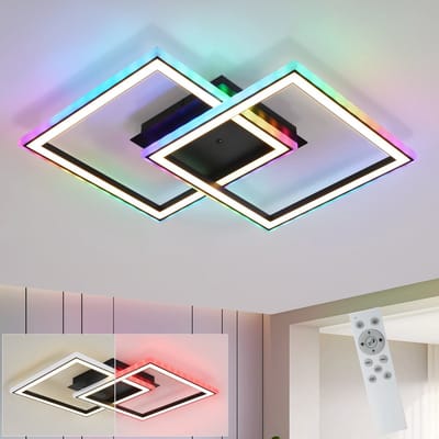 NETTLIFE LED Plafondlamp - Zwart - modern - dimbaar met afstandsbediening - RGB kleurverandering - 2 hoekig ontwerp - 40W slaapkamerlamp - voor woonkamer | keuken | hal eetkamer