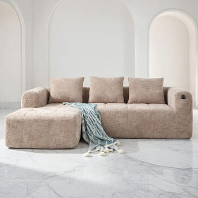 Luxor Hoekbank met Chaise Longue – 3-Zitsbank Kaki, Chenille Stoffering, Ergonomisch & Comfortabel, Met Opbergtas voor Afstandsbediening – Art Deco Stijl, 250x158x60 cm House&Garden