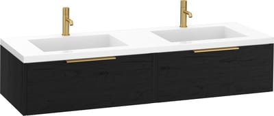 Saqu Lima badmeubel incl. dubbele glans witte wastafel 160x52x34cm eiken zwart – messing greep