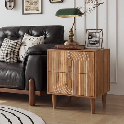 Nachtkastje - Bohemian Nachtkastje met 2 Lades - Walnootkleurige Bijzettafel - MDF - Slaapkamer en Woonkamer - 48x38x56 cm