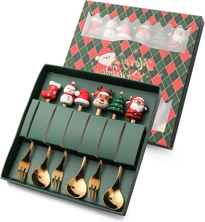 6-delige set kerstbestek met roestvrijstalen lepels en vorken, ideaal voor kerstfeesten en desserts, inclusief geschenkdoos