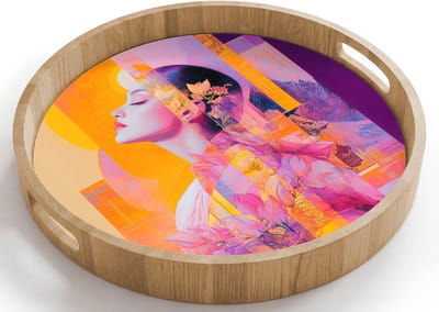 Dienblad rond 40x40 cm - Schootdienblad hout - Abstract - Portret - Vrouw - Kleurrijk - Borrelplank rechthoek - Plateau houten dienbladen