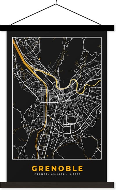 Posterhanger incl. Poster 40x60 cm - Schoolplaat - Kaart – Stadskaart – Frankrijk – Grenoble - Plattegrond - Textielposter - Zwarte latten - Stadskaart