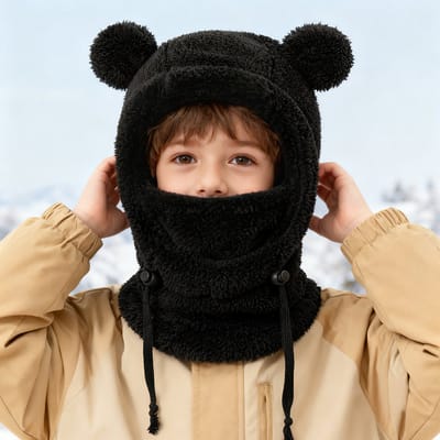 YAGXIG Kinder Balaklava - Kinderwintermuts - Skimasker - Leuke oor-oor wintermuts met nekwarmer - Winddicht, warme, verstelbare muts - Geschikt voor jongens en meisjes - Zwart