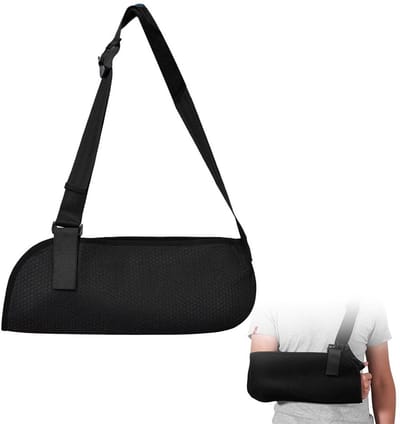 Verstelbare Schouderbrace met Armsteun en Ondersteunende Sjaal voor Letsel aan de Schouder, Geschikt voor Links en Rechts Arm, Zwart Mesh Design