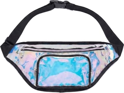 KIMU® Grote Heuptas Holografisch Transparant - Iridescent Gekleurd - Zwarte Band Fanny Pack Fannypack Holografische Regenboog Tasje Festival