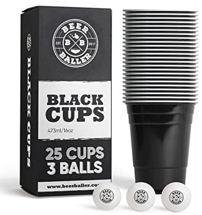 Zwarte Beer Pong Cups - 25 herbruikbare en vaatwasmachinebestendige bekers met 3 ballen voor feesten | 16oz - 473ml | Perfect voor elk feestje