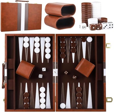 Dailygoods- Backgammon Koffer - Houten Set - Draagbaar - 2 Spelers - Opvouwbaar - Hoogwaardige Leren Tas - Geschikt voor Leeftijd 8+ - Bordspel