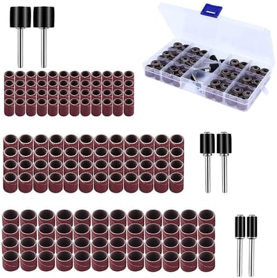 MTTproducts- Schuurmof Set 150 Stuks - Schuurbanden - Schuurrolletjes - Universele Drum Mandrel - Opbergdoos - Diverse Korrelgroottes - Schuurset