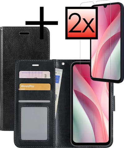 Hoesje - Met 2x Screenprotector - Geschikt voor Samsung Galaxy A15 - Luxe Pasjeshouder - Bookcase Portemonee - Flip Case - Kunstleer Book Case - Flipcase Hoes - Book Cover - Walletcase - Portemonneehoes - Zwart
