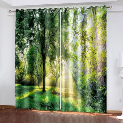 Goedkope op maat gemaakte Boslandschap Serie Zonwerende Gordijnen 2 Stuks voor Woonkamer Slaapkamer Huisdecoratie Haak Perforatie W50H130(CM)x2&Hook beige