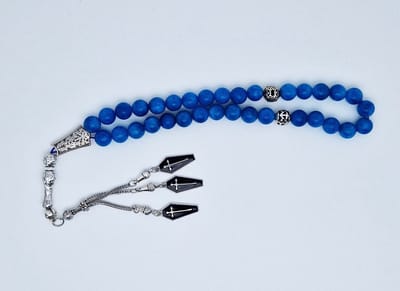 Handgemaakte tesbih "tasbih" natuursteen " Blauwe Agaat" - Aantal kralen 33 - Diameter kralen 10 MM - met metaal tassel "model 9" - Een mooi cadeau-idee
