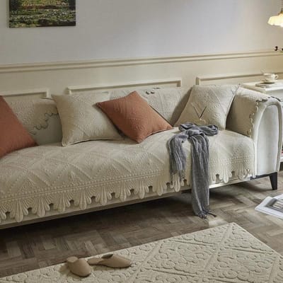 Koreaanse Vintage Bankhoes Gewatteerd Katoen L-Vorm Bank Relaxfauteuil Fauteuil Meubelhoes Anti-Slip Zitkussen Cushion cover45x45cm beige