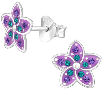 Joy|S - Zilveren bloem oorbellen - paars met paarse en groene kristalletjes - 8 mm - tropische bloem oorknoppen - sterling zilver 925