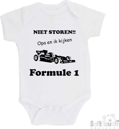 100% katoenen Romper "Niet storen!! Opa en ik kijken Formule 1" Unisex Katoen Wit/zwart Maat 62/68
