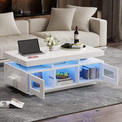 MODENUIT Salontafel - Ledverlichting Met App-Bediening En Stopcontact - Voor Woonkamer Of Kantoor - Wit - 100x50x43 cm