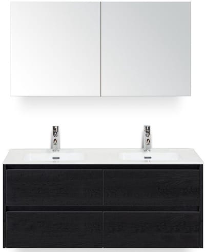 Dante Badmeubelset 120 cm - 4 Laden Black Oak - Keramische Wastafel Wit Cover met Spiegelkast