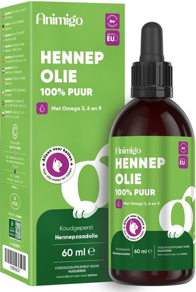 Animigo Hennepzaadolie voor Katten - 100% Puur en Koudgeperst - Rijk aan Omega 3, 6 & 9 - 60 ml - Gemaakt in de EU
