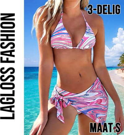 LaGloss® 3-delige Tie Dye Marmer Bikini Set Dames Roze met Pareo Wrap Rok – Strand mode – Beach Fashion – Maat S