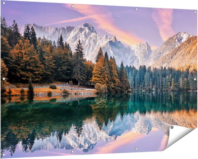 Gards Tuinposter Meer met Weerspiegeling van de Bergen - 150x100 cm - Tuindoek - Tuindecoratie - Wanddecoratie buiten - Tuinschilderij