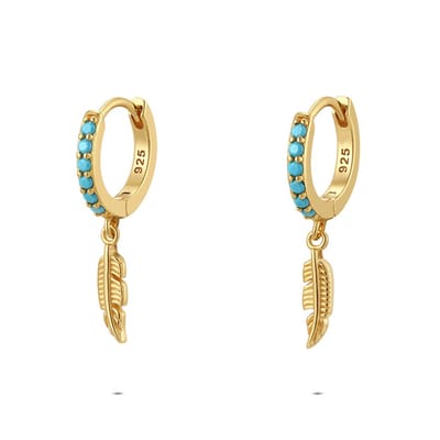 Twice As Nice Oorbellen in zilver, veren met turquoise details Goudkleurig