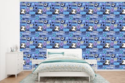 Behang - Fotobehang Patronen - Voetbal - Blauw - Jongens - Kinderen - Kids - Jongetje - Breedte 345 cm x hoogte 220 cm