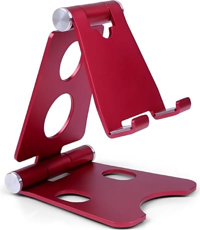 Verstelbare Telefoonhouder bureau | Telefoonstandaard bureau | Opvouwbaar en Verstelbaar | Tabletstandaard met Opberghoes | Smartphone Opvouwbare Houder voor Thuis | Trein | Bureautafel | Tafel | Kabelmanagement | L82 * B72 * H100 mm - Rood LB470