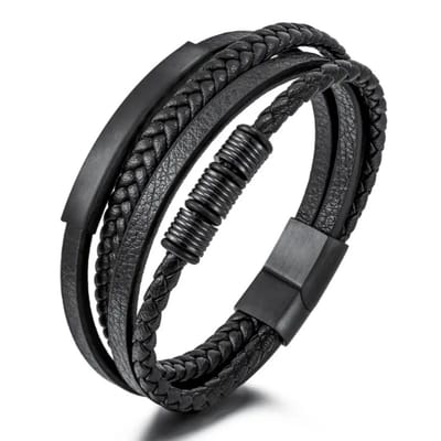Leerella Echte Leer Armband Dames Heren – Zwart gevlochten leer rond - Zwart RVS sluiting – O Model - 4 snoer Moederdag Vaderdag 21 cm