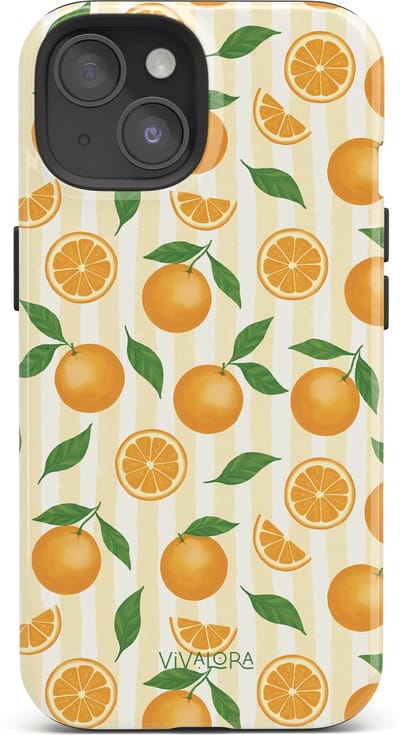 VivaLora Tough Telefoonhoesje iPhone 15 met MagSafe - Orange Breeze Print - 2-in-1 Phone Case - Hard Case & Siliconen Back - Sinaasappels Dessin - Extra Bescherming - Shockproof - Oranje