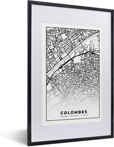 Fotolijst incl. Poster Zwart Wit- Stadskaart - Colombes - Plattegrond - Kaart - Frankrijk - Zwart wit - 40x60 cm - Posterlijst