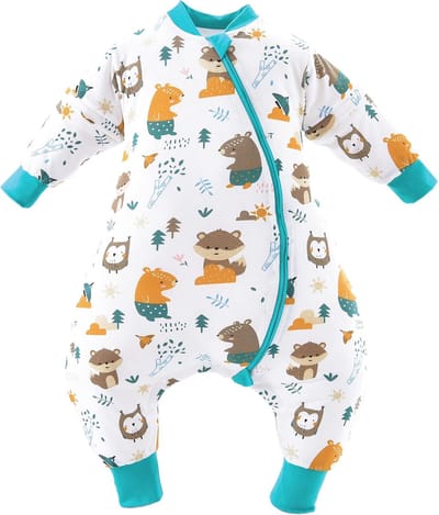 Famanu - Babywinterslaapzak met voeten voor kleine kinderen, het hele jaar door, pyjama voor jongens en meisjes, met afneembare lange mouwen, bosdierentuin, 2,5 TOG