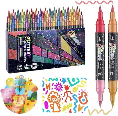96 Twinmarkers - Glitterstiften Pennen Markers - Markeer Stiften - Dubbelzijdige Stiften - Brush Pennen - Brush Markers - Dual Tip Markers voor Kinderen & Volwassenen - Tekenen, Journalen, Kleuren en DIY Knutselen (96 Kleuren (48 Stuks) - SOLLBRY®