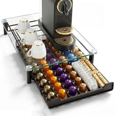 Koffiecapsulehouder met glazen deksel - Opbergbox voor 60 capsules - Stevige ondergrond voor koffieapparaat