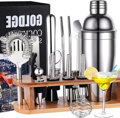 Cocktailset 18-delige cocktail mixer gift set- bar accessoires 750ml cocktailshaker met houten standaard