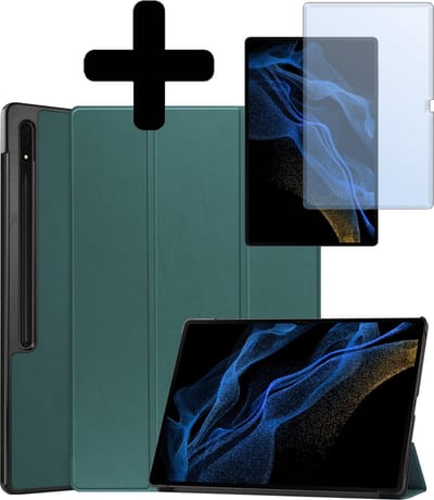 Hoes Geschikt voor Samsung Galaxy Tab S10 Ultra Hoes Luxe Hoesje Case Met Uitsparing Geschikt voor S Pen Met Screenprotector - Hoesje Geschikt voor Samsung Tab S10 Ultra Hoes Cover - Donkergroen