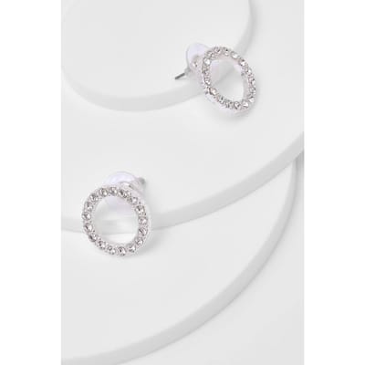 boohoo Dames Silver Circle Diamante Studs | Zilver