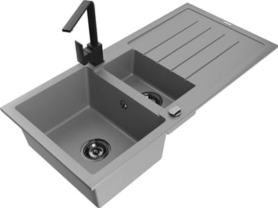 Mexen Andres granieten spoelbak 1,5-kamer met afdruiprek en Rita keukenarmatuur, grijs - 6515-71-670300-70-B
