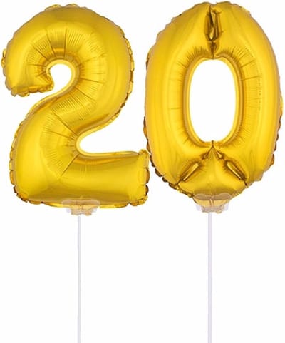 20 jaar leeftijd feestartikelen - versiering cijfers - ballonnen op stokje - van 41 cm - Combi van cijfer 20 - in het goud