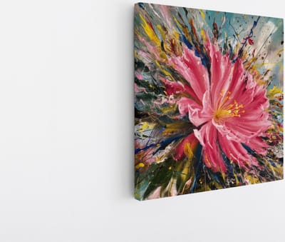 Saammp Canvas Schilderij - Roze Bloem met verfspetters - Abstract - 20x20 - Foto op canvas - Wanddecoratie - Muurdecoratie Woonkamer - Kantoor Decoratie