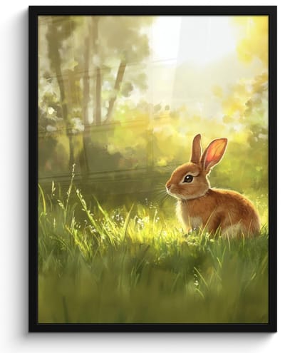 Poster in lijst - Fotolijst 50x70 cm - Posters - Konijn - Zonlicht - Bos - Posterlijst zwart - Decoratie - Wanddecoratie woonkamer - Muurdecoratie slaapkamer